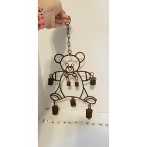 VTG Rustic Wind Chime Folk Art Pinned Goat Bells Primitive Hanging Teddy Bear.